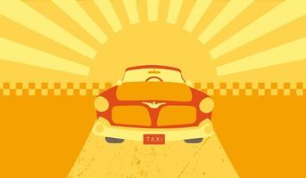 Retro car with sunburst background. Vector illustration in flat style. Business card format