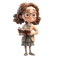 genie meisje 3d schattig meisje in professor karakter Holding boek en vervelend bril PNG transparant achtergrond
