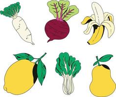 Set of fruits and vegetables. Vector illustration in doodle style.