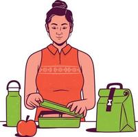 Young woman in apron packing lunch box. Isolated flat vector illustration