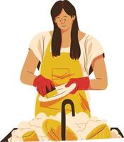 Woman in apron washing vegetables. Vector illustration in cartoon style.
