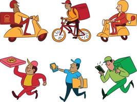 Set of delivery men on a scooter. Vector illustration in cartoon style.