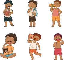 Cute African American Boy and Girl in Different Poses and Gestures Vector Set