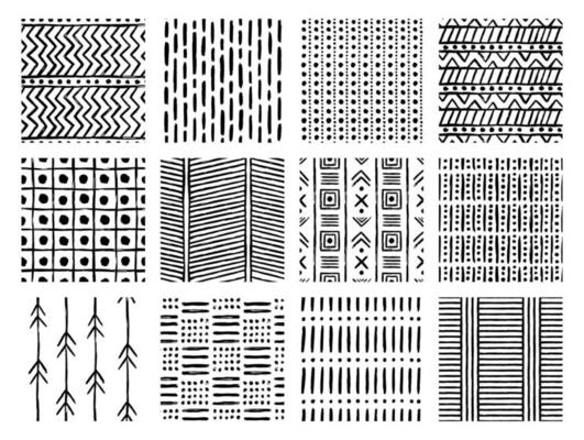 Set of Aesthetic Contemporary printable seamless pattern with abstract Minimal elegant line brush stroke shapes and line in black and white colors.