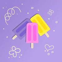 Fruta hielo, helado amarillo, rosa, Violeta colores con uno línea corazón, flores vector