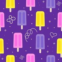 seamless pattern with yellow, pink, violet fruit ice, ice-cream colors with one line heart, flowers vector