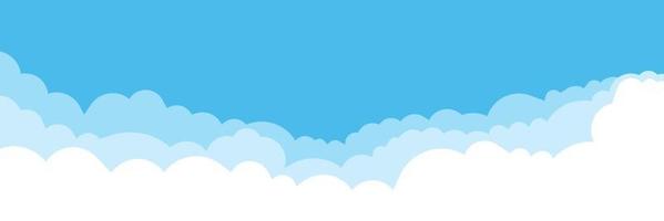 Blue sky with white clouds background. Cloud border. Simple cartoon design. Flat style vector illustration.