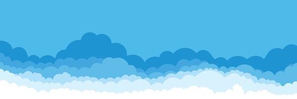 Blue sky with white clouds background. Cloud border. Simple cartoon design. Flat style vector illustration.