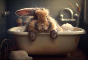 Cute rabbit in bathtub , pets cleaning. Generate Ai. photo