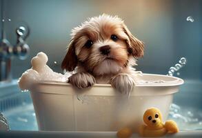 Cute puppy dog in bathtub , pets cleaning, studio shot. Generate Ai. photo