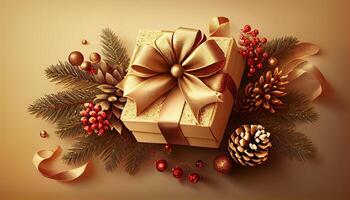 Christmas decoration composition on light gold background with beautiful Golden gift box with red ribbon. Generate Ai. photo