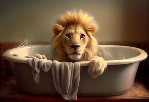 Cute lion in bathtub , pets cleaning. Generate Ai. photo