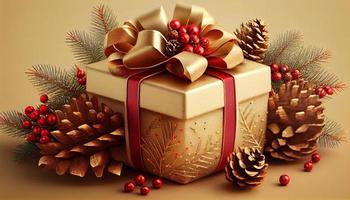 Christmas decoration composition on light gold background with beautiful Golden gift box with red ribbon. Generate Ai. photo
