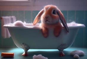 Cute rabbit in bathtub , pets cleaning. Generate Ai. photo