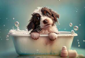 Cute puppy dog in bathtub , pets cleaning, studio shot. Generate Ai. photo