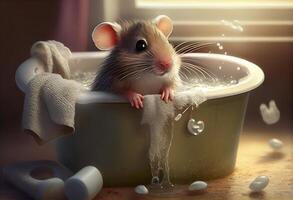 Cute mouse in bathtub , pets cleaning. Generate Ai. photo