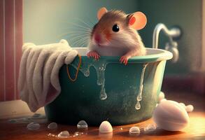 Cute mouse in bathtub , pets cleaning. Generate Ai. photo