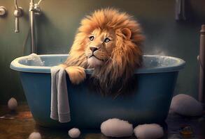 Cute lion in bathtub , pets cleaning. Generate Ai. photo