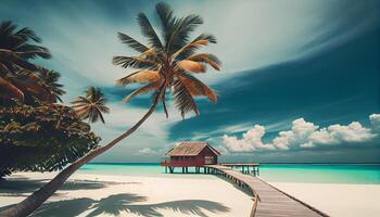 Coconut Palm tree on amazing perfect white sandy beach in island of Maldives. . Generate Ai. photo