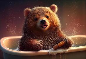 Cute bear in bathtub, pets cleaning. Generate Ai. photo