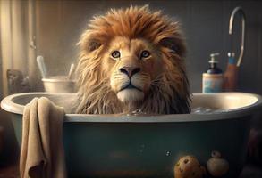 Cute lion in bathtub , pets cleaning. Generate Ai. photo