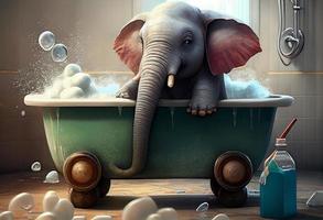 Cute elephant in bathtub , pets cleaning. Generate Ai. photo