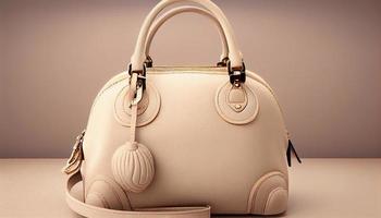 Beautiful trendy smooth youth women's handbag in cream color on a studio background . Generate Ai. photo