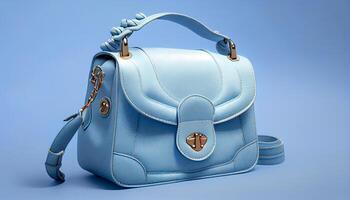 Beautiful trendy smooth youth women's handbag in gentle blue color on a light blue studio background. Generate Ai. photo