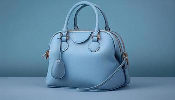 Beautiful trendy smooth youth women's handbag in gentle blue color on a light blue studio background. Generate Ai. photo