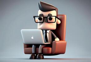 Cartoon character businessman sitting in a chair with laptop. 3d illustration. Generate Ai. photo