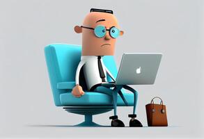 Cartoon character businessman sitting in a chair with laptop. 3d illustration. Generate Ai. photo