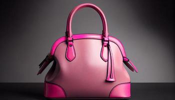Beautiful trendy smooth youth women's handbag in bright pink color on a gray studio background. Generate Ai. photo