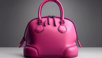 Beautiful trendy smooth youth women's handbag in bright pink color on a gray studio background. Generate Ai. photo