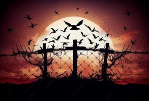 Broken barbed wire and free flying birds on cross sunset background. Generate Ai. photo
