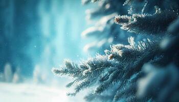 Blue winter christmas nature background frame, wide format. Generate Ai. photo