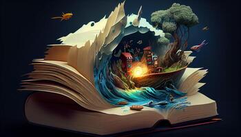 Books imagination, 3d illustration. Generate Ai. photo