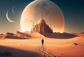 A man walking towards a large moon in a desert with a large mosque in the background . Generate Ai. photo