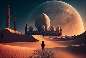 A man walking towards a large moon in a desert with a large mosque in the background . Generate Ai. photo