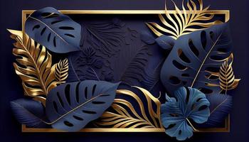 Background frame with golden and blue tropical leaves. Generate Ai. photo