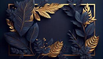 Background frame with golden and blue tropical leaves. Generate Ai. photo