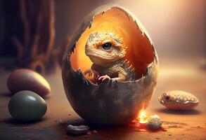 Baby dragon in the egg in a morning. Generate Ai. photo