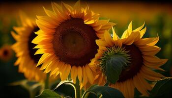 Beautiful sunflowers close-up in the field. Generate Ai. photo