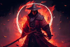 A samurai in a demonic red mask on the battlefield. Generate Ai. photo