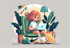 Girl with laptop sitting on the chair. Freelance or studying concept. Generate Ai. photo