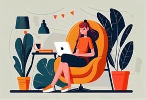 Girl with laptop sitting on the chair. Freelance or studying concept. Generate Ai. photo