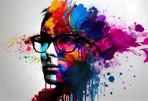 un persona con lentes en arco iris color chapoteo. generar ai. foto