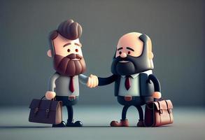 Cute cartoon smiling man with laptop and bearded businessman with briefcase standing and shaking hands. Generate Ai. photo