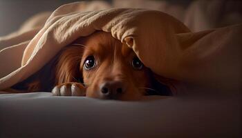 A very cute dog crawled under the covers and touchingly misses his owner. Generate Ai. photo