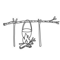 A camp pot hanging from a branch above campfire. Hand drawn vector illustration in doodle style on white background. Isolated black outline. Camping cooking equipment.