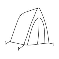 Hand drawn vector illustration of a tent in doodle style on white background. Isolated black outline. Camping equipment.